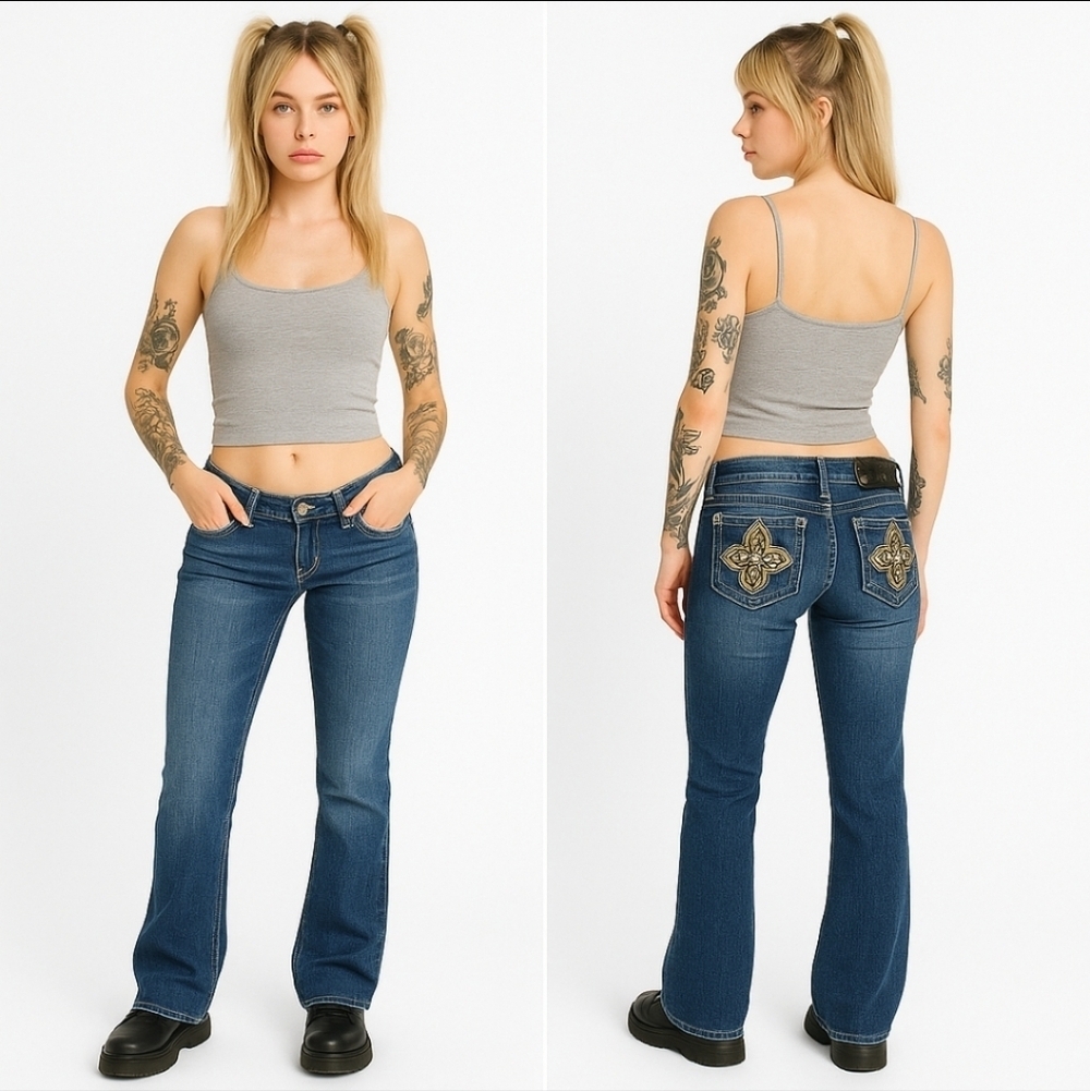Miss Me Western Bling Low Rise Straight Jeans Sz 25 Rhinestone Fleur Pockets